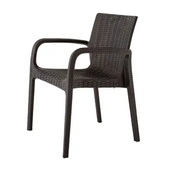Set of Four 24" Brown Faux Rattan Heavy Duty Plastic Outdoor Stacking Arm Chairs