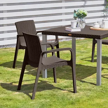 Set of Four 24" Brown Faux Rattan Heavy Duty Plastic Outdoor Stacking Arm Chairs
