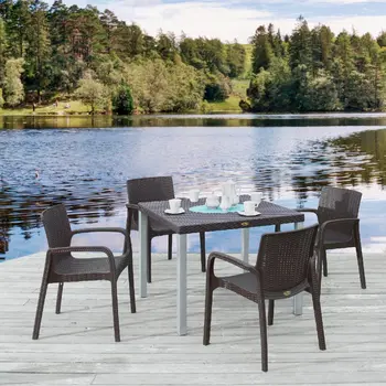 Set of Four 24" Brown Faux Rattan Heavy Duty Plastic Outdoor Stacking Arm Chairs
