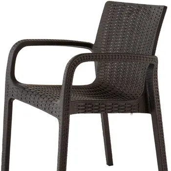 Set of Four 24" Brown Faux Rattan Heavy Duty Plastic Outdoor Stacking Arm Chairs