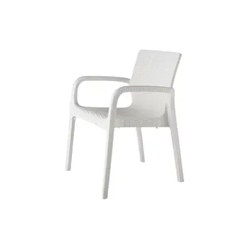 Set of Four 24" White Faux Rattan Heavy Duty Plastic Outdoor Stacking Arm Chairs
