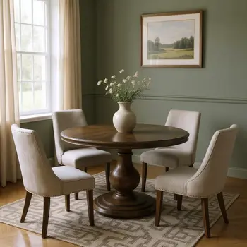 60" Brown Solid Wood Pedestal Base Round Top Dining Table