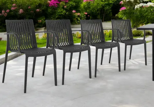 Set of Four 22" Black Heavy Duty Plastic Outdoor Stacking Arm Chairs