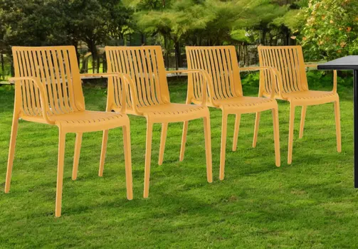 Set of Four 22" Yellow Heavy Duty Plastic Outdoor Stacking Arm Chairs