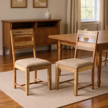Set of Two Brown Fabric And Wood Ladder Back Dining Side Chairs