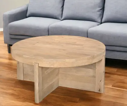 36" Natural Solid Wood Round Cross Legs Coffee Table