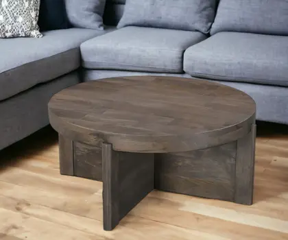 36" Brown Solid Wood Round Cross Legs Coffee Table