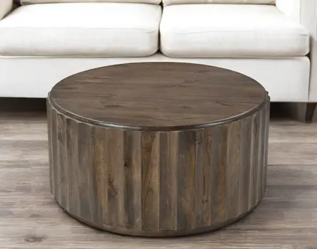 36" Brown Solid Wood Round Drum Coffee Table