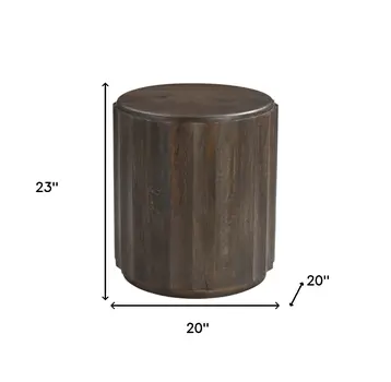 23" Brown Distressed Solid Wood Round Scalloped Drum End Table