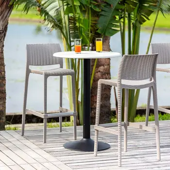 Set of Four 30" Taupe Faux Rattan Heavy Duty Plastic Outdoor Bar Height Chairs