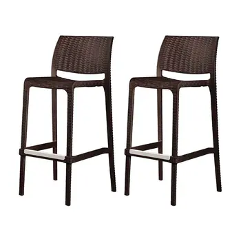 Set of Four 30" Brown Faux Rattan Heavy Duty Plastic Low Back Outdoor Bar Height Chairs