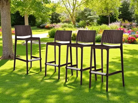 Set of Four 30" Brown Faux Rattan Heavy Duty Plastic Low Back Outdoor Bar Height Chairs