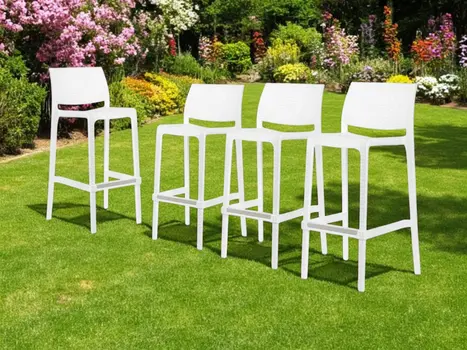 Set of Four 30" White Faux Rattan Heavy Duty Plastic Low Back Outdoor Bar Height Chairs