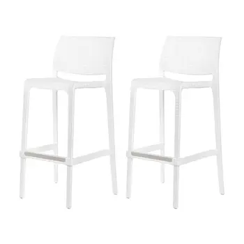 Set of Four 30" White Faux Rattan Heavy Duty Plastic Low Back Outdoor Bar Height Chairs