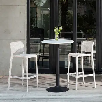 Set of Four 30" White Faux Rattan Heavy Duty Plastic Low Back Outdoor Bar Height Chairs