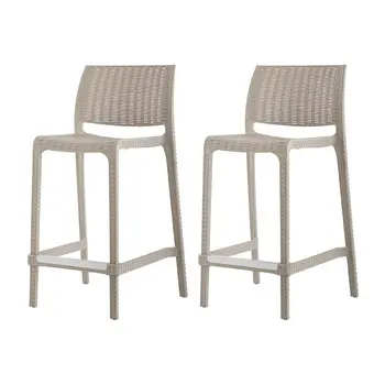 Set of Four 26" Taupe Faux Rattan Heavy Duty Plastic Low Back Outdoor Counter Height Bar Chairs