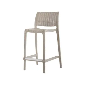 Set of Four 26" Taupe Faux Rattan Heavy Duty Plastic Low Back Outdoor Counter Height Bar Chairs