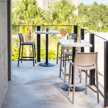 Set of Four 26" Taupe Faux Rattan Heavy Duty Plastic Low Back Outdoor Counter Height Bar Chairs