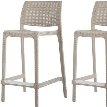 Set of Four 26" Taupe Faux Rattan Heavy Duty Plastic Low Back Outdoor Counter Height Bar Chairs