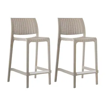 Set of Four 26" Taupe Faux Rattan Heavy Duty Plastic Low Back Outdoor Counter Height Bar Chairs