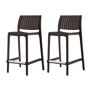 Set of Four 26" Brown Faux Rattan Heavy Duty Plastic Low Back Outdoor Counter Height Bar Chairs