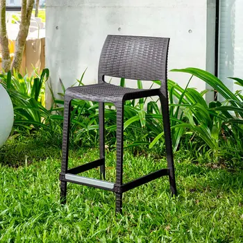 Set of Four 26" Brown Faux Rattan Heavy Duty Plastic Low Back Outdoor Counter Height Bar Chairs