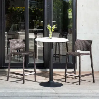 Set of Four 26" Brown Faux Rattan Heavy Duty Plastic Low Back Outdoor Counter Height Bar Chairs