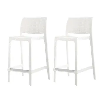 Set of Four 26" White Faux Rattan Heavy Duty Plastic Low Back Outdoor Counter Height Bar Chairs