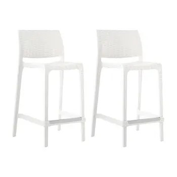 Set of Four 26" White Faux Rattan Heavy Duty Plastic Low Back Outdoor Counter Height Bar Chairs
