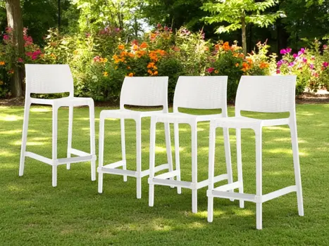 Set of Four 26" White Faux Rattan Heavy Duty Plastic Low Back Outdoor Counter Height Bar Chairs