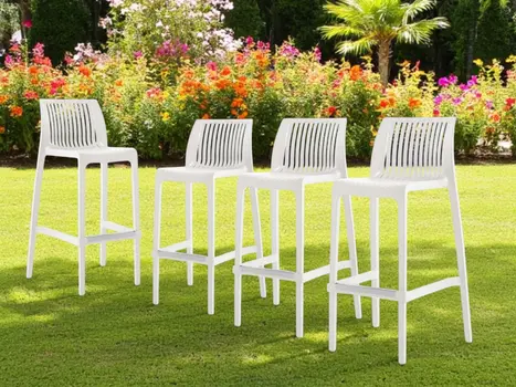 Set of Four 30" White Heavy Duty Plastic Low Back Outdoor Bar Height Chairs
