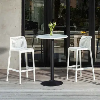 Set of Four 30" White Heavy Duty Plastic Low Back Outdoor Bar Height Chairs
