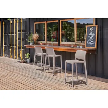 Set of Four 26" Taupe Heavy Duty Plastic Low Back Outdoor Counter Height Bar Chairs