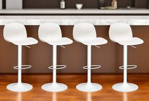 Set of Four White Heavy Duty Plastic and Metal Mid Back Adjustable Height Swivel Bar Chairs