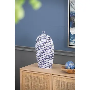 16" Blue And White Animal Print Oval Ceramic Table Vase