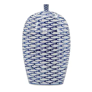 16" Blue And White Animal Print Oval Ceramic Table Vase