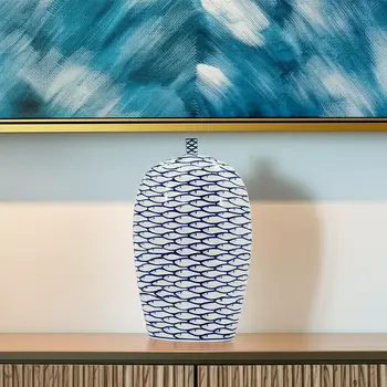 16" Blue And White Animal Print Oval Ceramic Table Vase