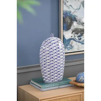16" Blue And White Animal Print Oval Ceramic Table Vase