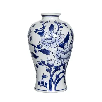 13" Blue And White Floral Round Porcelain Table Vase