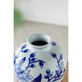 13" Blue And White Floral Round Porcelain Table Vase
