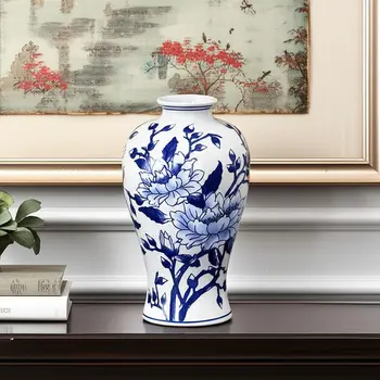 13" Blue And White Floral Round Porcelain Table Vase