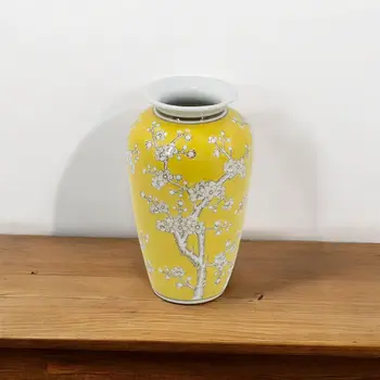11" Yellow and White Porcelain Floral Round Table Vase