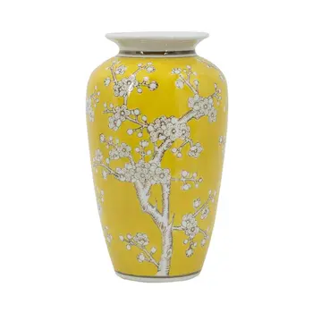 11" Yellow and White Porcelain Floral Round Table Vase