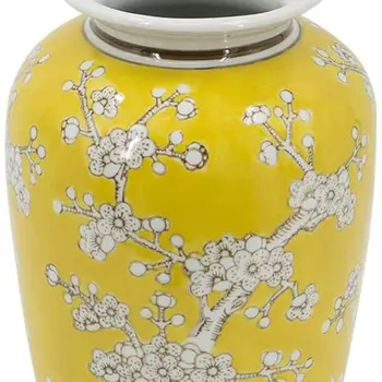 11" Yellow and White Porcelain Floral Round Table Vase