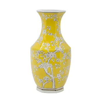 14" Yellow and White Porcelain Floral Round Table Vase
