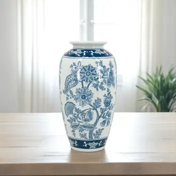 15" Light Blue And White Floral Porcelain Urn Vase
