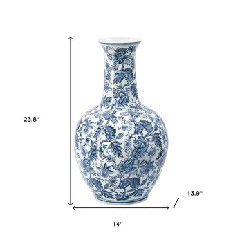 24" Blue And White Floral Curved Porcelain Table Vase