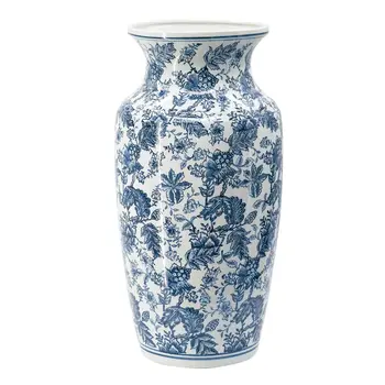 24" Blue And White Floral Round Porcelain Table Vase