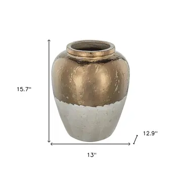 16" Beige and Bronze Terracotta Round Jug Vase
