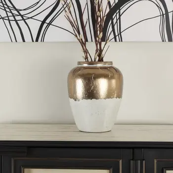 16" Beige and Bronze Terracotta Round Jug Vase